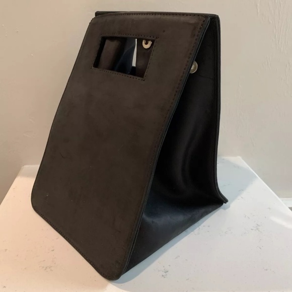 Genuine Leather Structured Work Lunch Tote Handbag Lunchbag Black - Picture 1 of 8